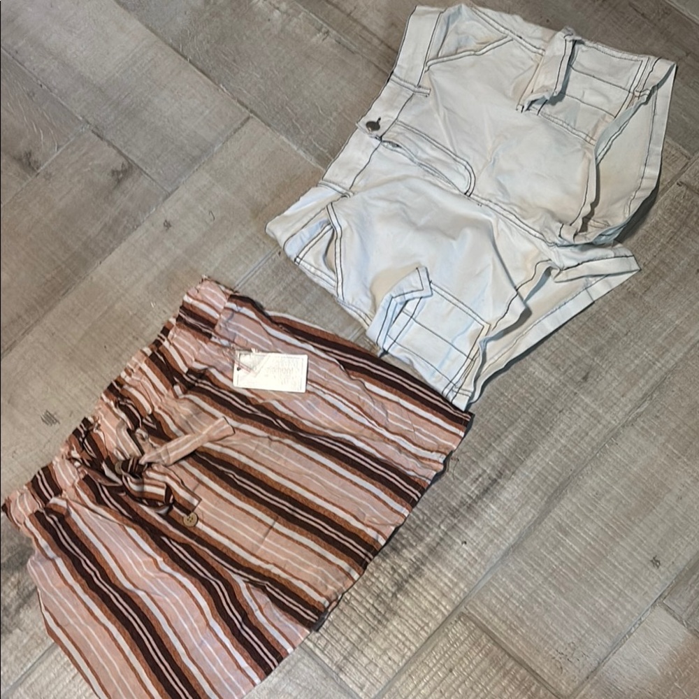 Striped Pink & Brown Paperbag Waist Skirt + Light Denim Shorts